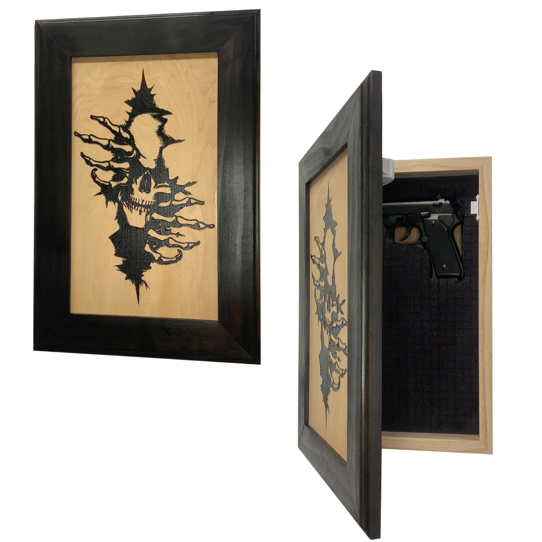 Bellewood Designs gothic skull claw hidden gun cabinet shown closed and open with stored handgun