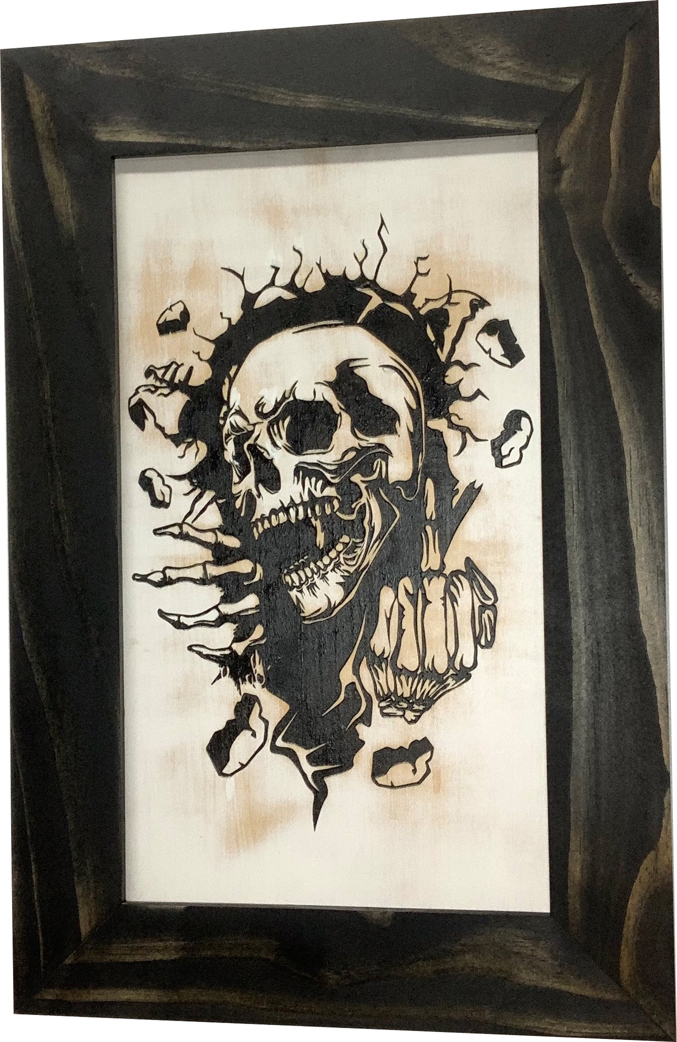 Bellewood Designs skull giving middle finger hidden gun cabinet wall art closeup dark wood frame
