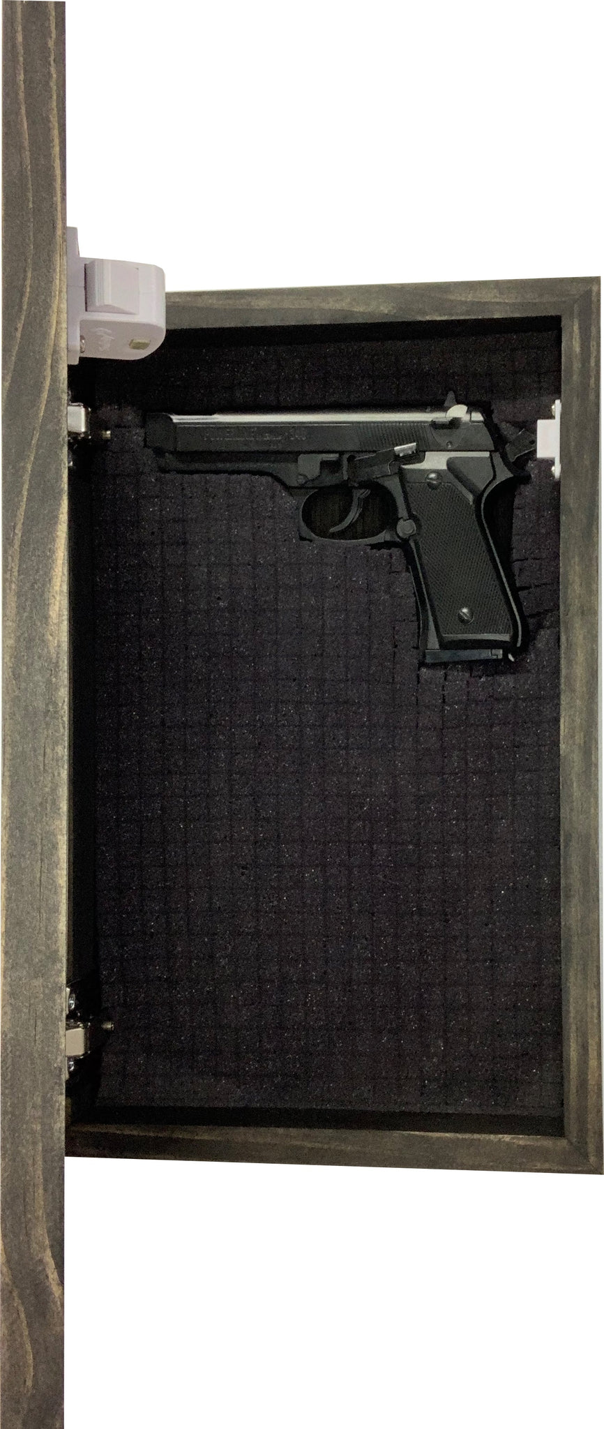 Bellewood Designs skull hidden gun cabinet interior foam lined compartment with stored handgun