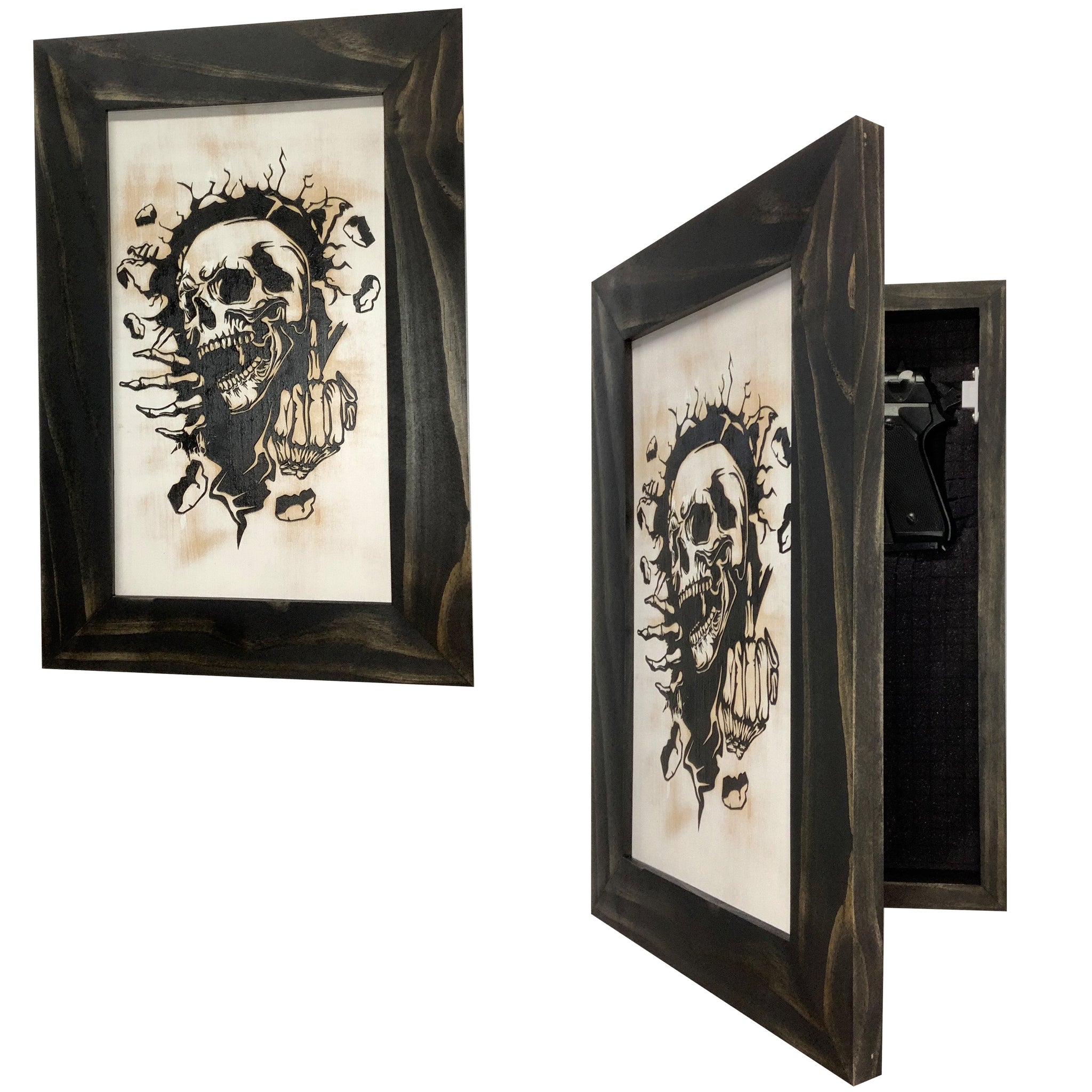 Bellewood Designs skull hidden gun cabinet shown closed and open revealing concealed firearm storage