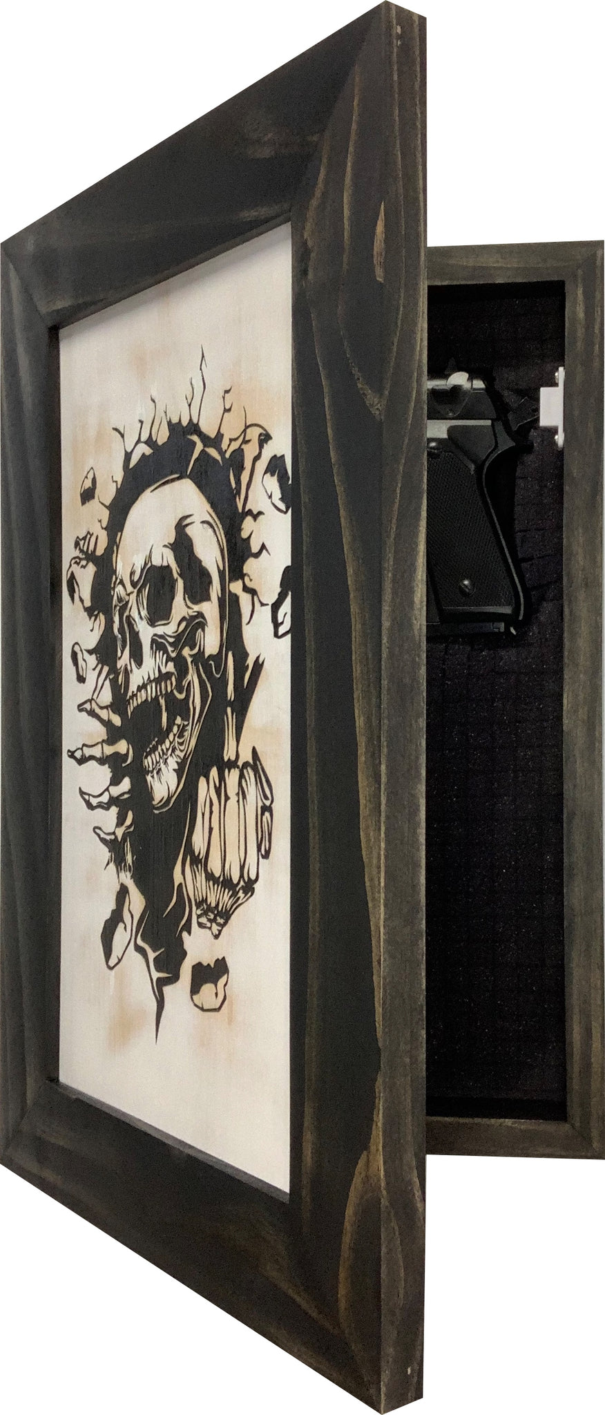 Bellewood Designs skull hidden gun cabinet side view open showing concealed firearm storage compartment