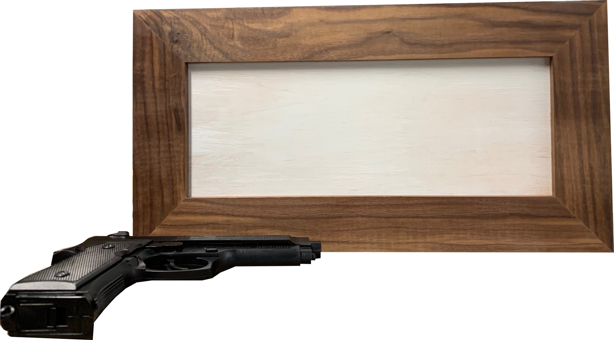 Bellewood Designs hidden gun storage Love Series blank white panel in walnut wood frame showing concealed handgun access