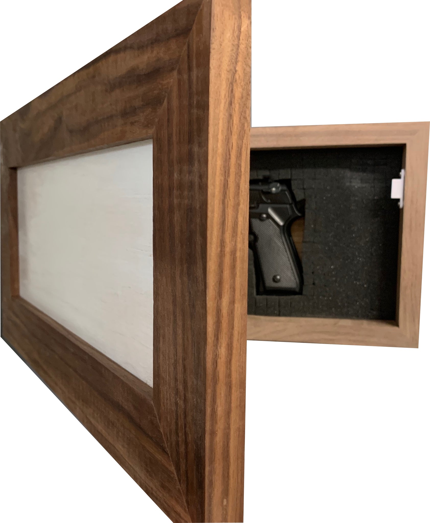 Bellewood Designs hidden gun storage Love Series open side view showing handgun in foam interior, walnut frame white panel