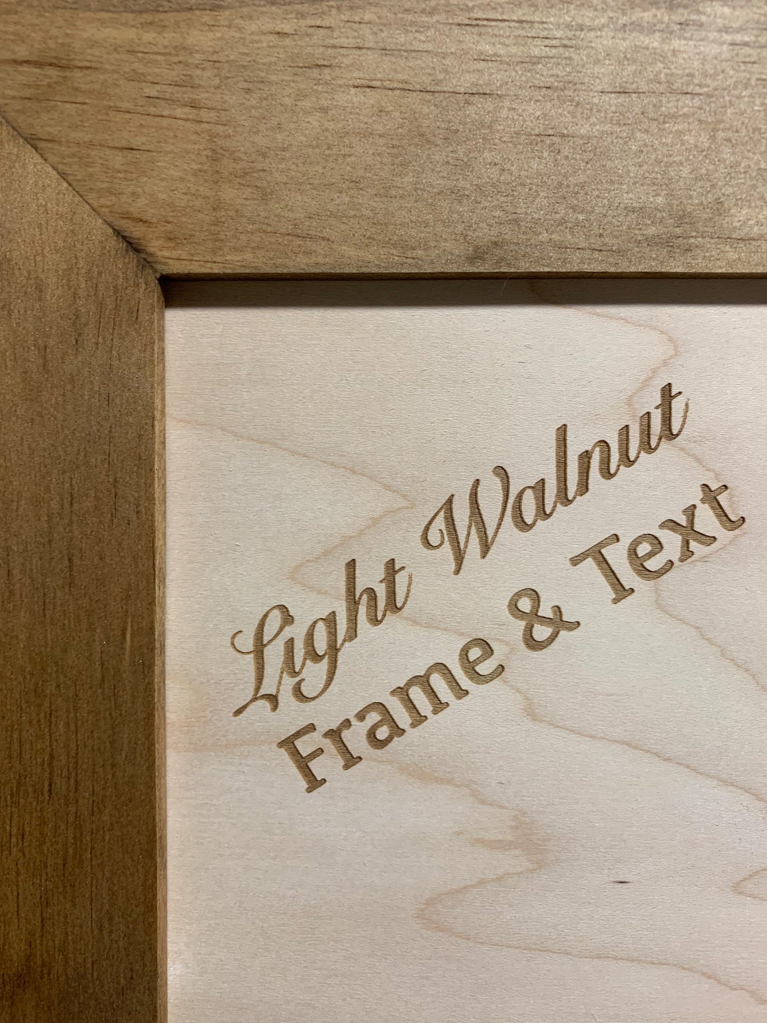 Bellewood Designs light walnut frame and text color option corner detail swatch
