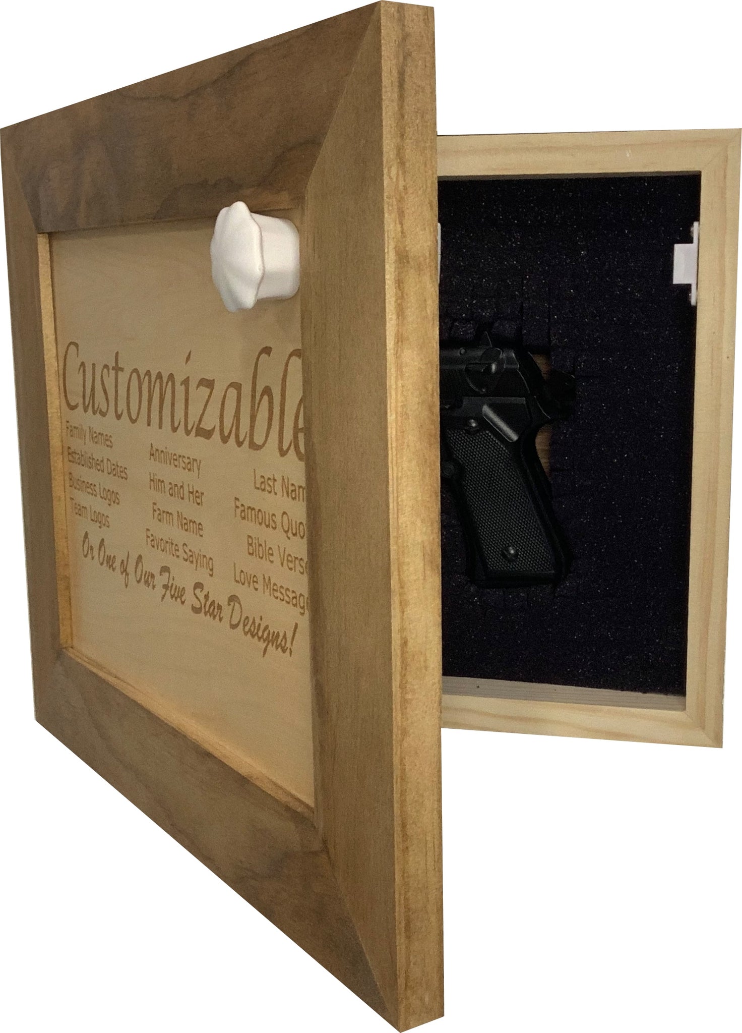 Bellewood Designs Customizable personalized recessed hidden gun storage open magnetic key pistol
