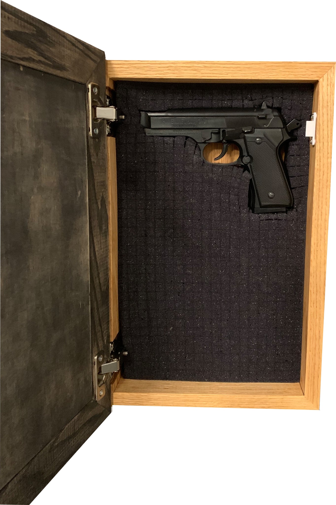 Bellewood Designs hidden gun cabinet interior with foam lined storage
